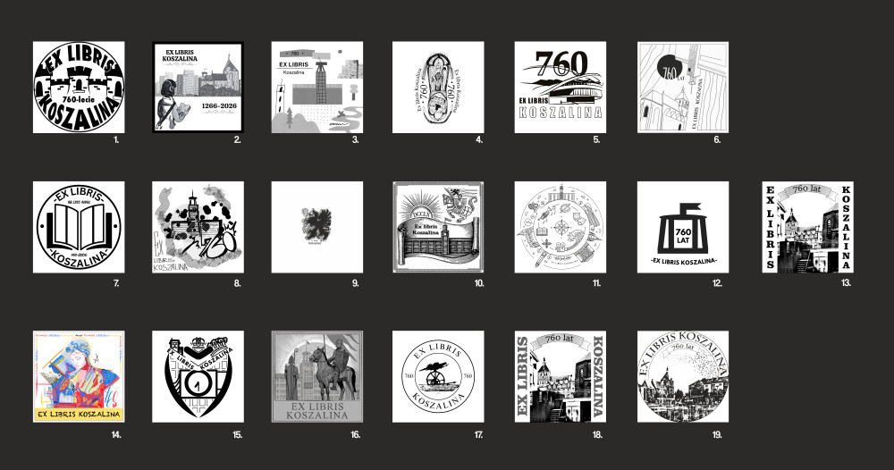 19 ekslibrisów, biorących udział w konkursie