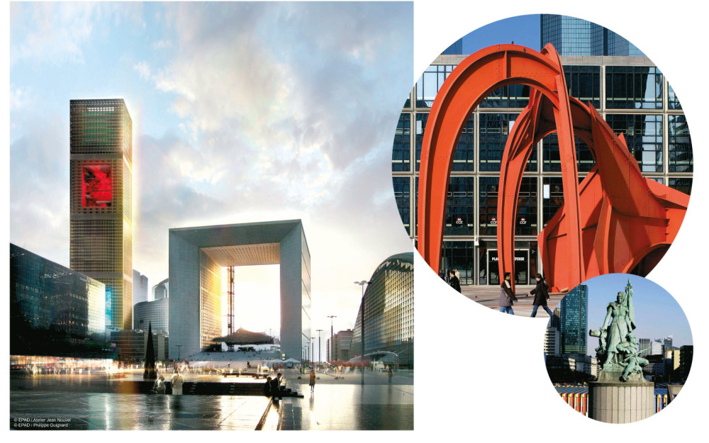 Fotografie wchodzące w skład wystawy, od lewej zdjęcie budynków i dwa zdjęcia rzeźb - modernistycznej i klasycznej