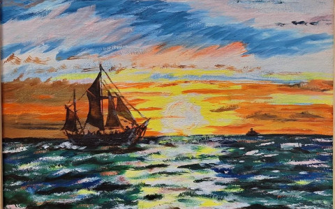 Obraz orzedstawia morze i statek w zachodzie słońca