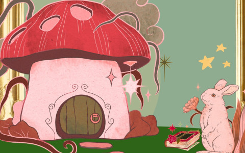 Fragment plakatu z zaproszeniem na imprezę przedstawiający królika i domek