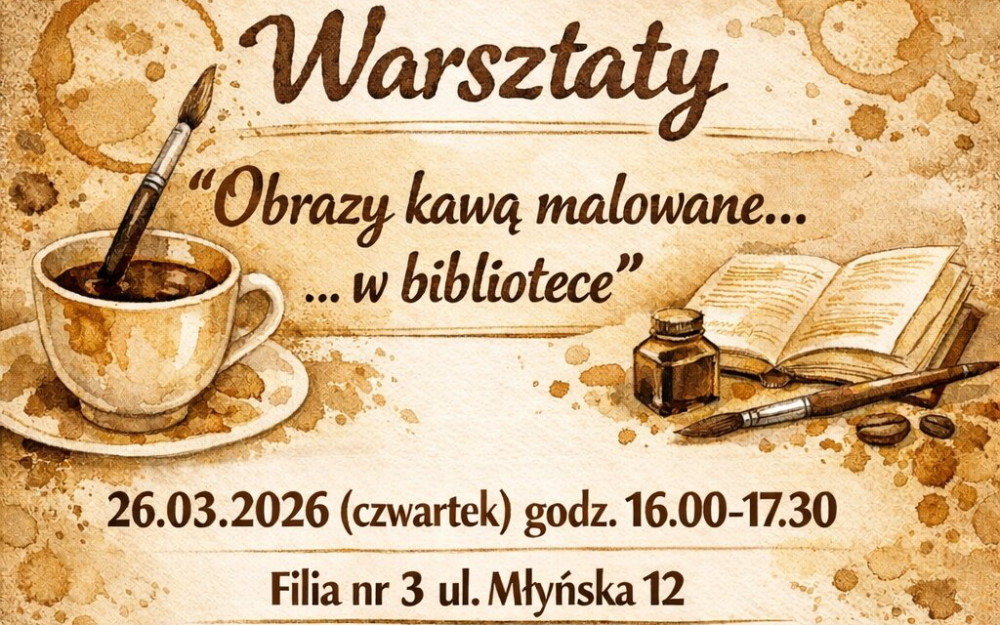 Plakat promujący warsztaty "Obrazy kawą malowane...w bibliotece"'