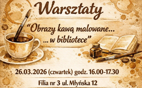 Plakat promujący warsztaty "Obrazy kawą malowane...w bibliotece"'