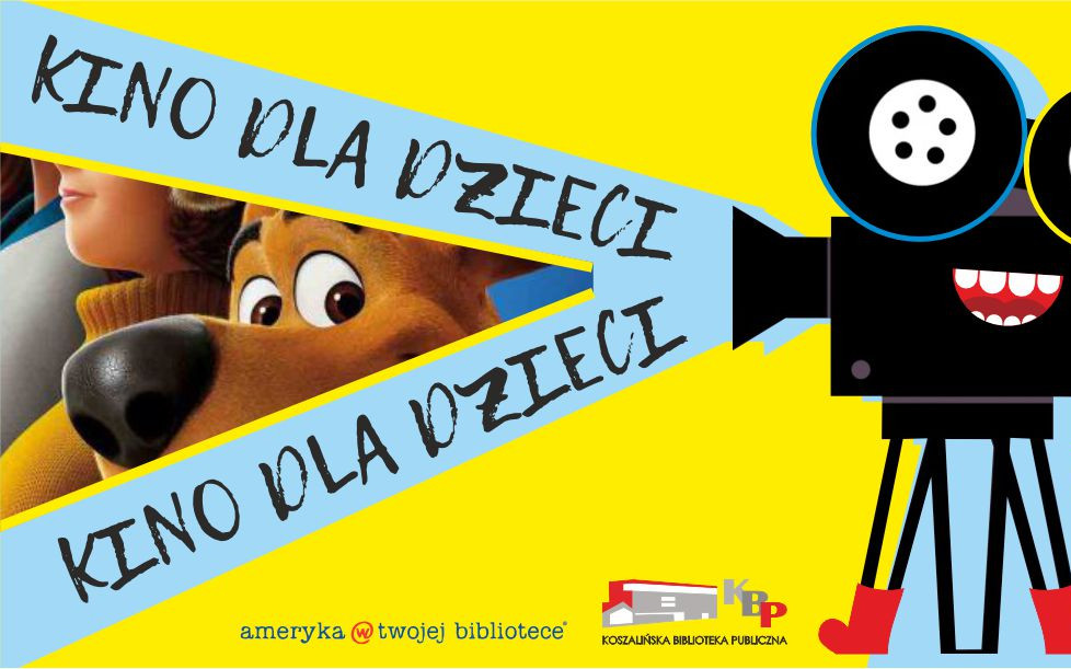 Tło i kolorystyka: Tło plakatu jest intensywnie żółte.  Główny motyw: Po prawej stronie znajduje się antropomorficzna, czarna kamera filmowa na statywie. Kamera ma uśmiechniętą twarz z widocznymi zębami oraz czerwone buty na nogach statywu. Z obiektywu kamery wydobywa się szeroki, jasnoniebieski snop światła skierowany w lewą stronę.  Postacie: Wewnątrz strumienia światła, po lewej stronie, widoczny jest fragment kadru z filmu animowanego. Przedstawia on zbliżenie na głowę psa rasy dog niemiecki (Scooby-Doo) oraz fragment twarzy postaci ludzkiej (Kudłatego).  Tekst: Na niebieskim tle strumienia światła widnieje dwukrotnie powtórzony napis dużymi, czarnymi literami w stylu pisma ręcznego: „KINO DLA DZIECI”.