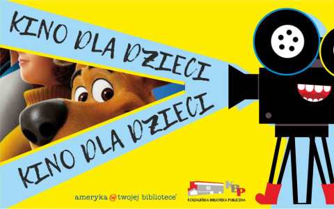 Tło i kolorystyka: Tło plakatu jest intensywnie żółte.  Główny motyw: Po prawej stronie znajduje się antropomorficzna, czarna kamera filmowa na statywie. Kamera ma uśmiechniętą twarz z widocznymi zębami oraz czerwone buty na nogach statywu. Z obiektywu kamery wydobywa się szeroki, jasnoniebieski snop światła skierowany w lewą stronę.  Postacie: Wewnątrz strumienia światła, po lewej stronie, widoczny jest fragment kadru z filmu animowanego. Przedstawia on zbliżenie na głowę psa rasy dog niemiecki (Scooby-Doo) oraz fragment twarzy postaci ludzkiej (Kudłatego).  Tekst: Na niebieskim tle strumienia światła widnieje dwukrotnie powtórzony napis dużymi, czarnymi literami w stylu pisma ręcznego: „KINO DLA DZIECI”.