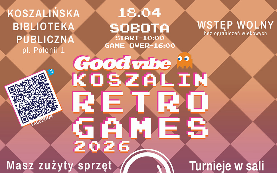 Plakat utrzymany jest w estetyce retro i pixel art. Tło stanowi fioletowo-brązowa szachownica. Centralnym elementem jest biała, uproszczona ikona joysticka z napisem „GAMES” i sercem. Na plakacie widoczne są również duszki z gry Pac-Man oraz kod QR prowadzący do profilu na Facebooku.
