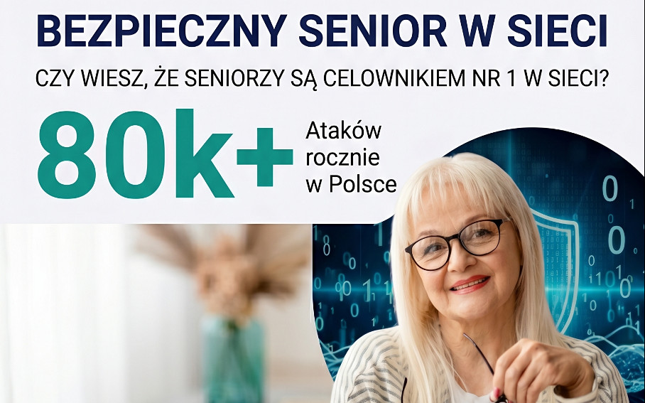 Plakat informacyjno-edukacyjny w języku polskim, promujący spotkanie na temat cyberbezpieczeństwa dla seniorów. Tytuł wydarzenia to „BEZPIECZNY SENIOR W SIECI”. Grafika ma nowoczesny, czysty układ z wyraźnymi sekcjami.