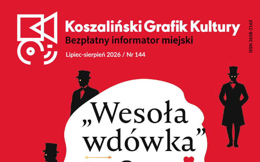 Plakat informacyjno-reklamowy w wyrazistej, kontrastowej kolorystyce (czerwień, biel, czarny) zapowiadający wydarzenie kulturalne w Koszalinie. Opis wygenerowany przy pomocy AI.