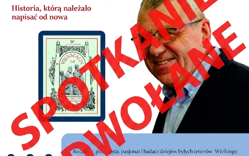 Plakat informacyjny Koszalińskiej Biblioteki Publicznej zapowiadający spotkanie autorskie z Jerzym Chmielewskim wokół książki „Wierszalin 2.0. Historia, którą należało napisać od nowa”. Na grafice znajduje się portret autora, okładka książki oraz logotypy organizatorów.