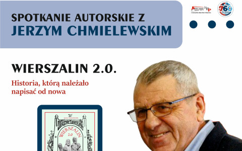 Plakat informacyjny Koszalińskiej Biblioteki Publicznej zapowiadający spotkanie autorskie z Jerzym Chmielewskim wokół książki „Wierszalin 2.0. Historia, którą należało napisać od nowa”. Na grafice znajduje się portret autora, okładka książki oraz logotypy organizatorów.