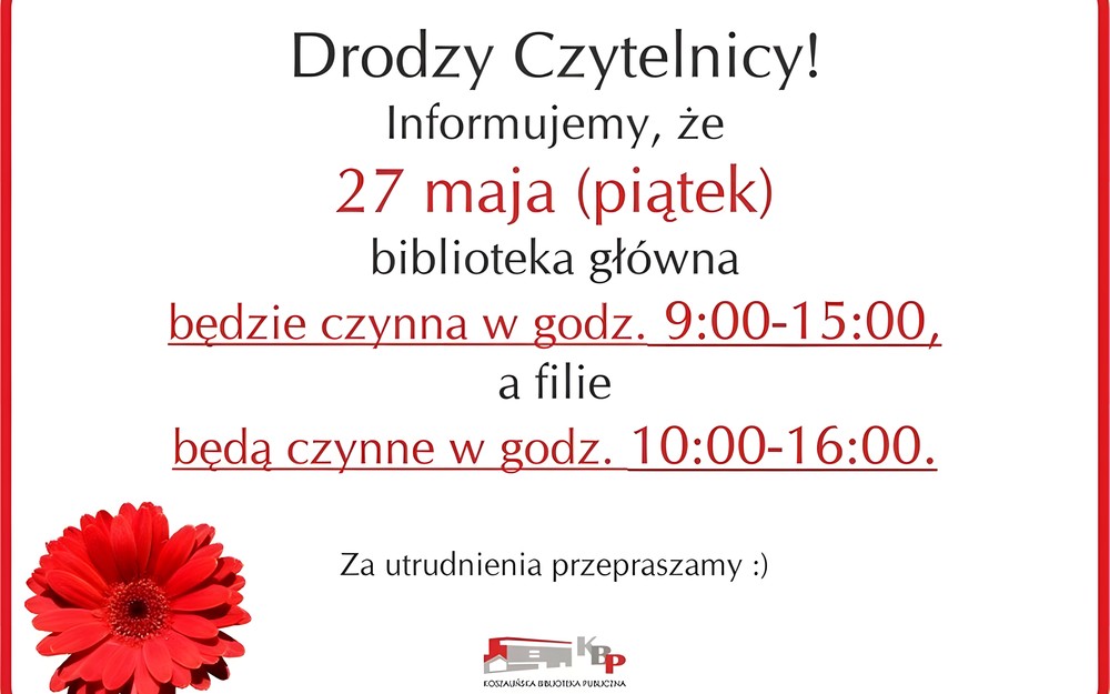 Zmiana godzin pracy 27.05.2016