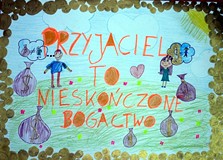 Filia nr 6. Plakat wykonany przez dzieci. Na błękitnej kartce jes duży pomarańczowy napis Przyjaciel