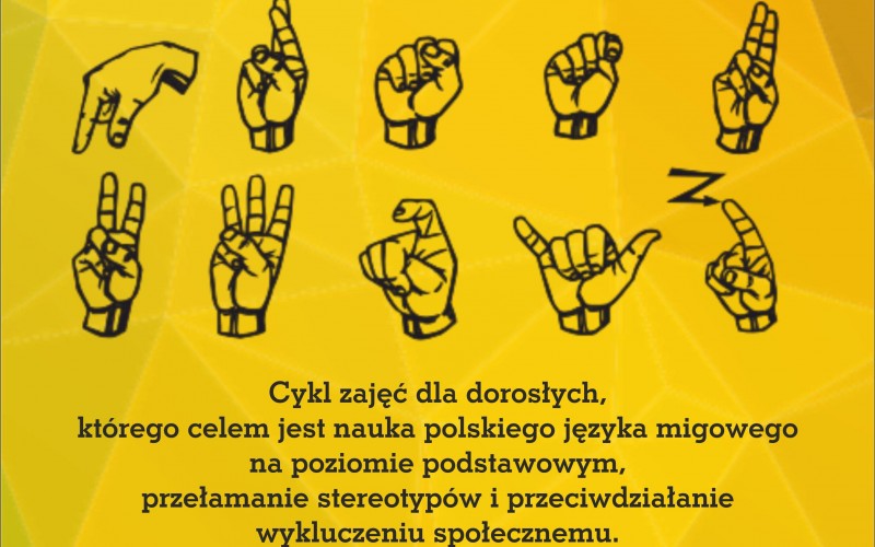 Plakat z informacja na temat kursu z podstaw jezyka migowego