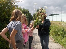 Dzieci układają kompozycje kwiatowe