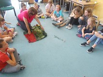 Prowadząca warsztaty rozmawia z dziećmi pokazując im liście poszczególnych drzew