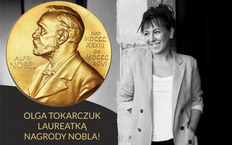 Od lewej: Grafika przedstawiająca złoty medal dla Olgi Tokarczuk, dalej zdjęcie Olgi...