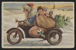 Mikołaj na motorze - kartka świąteczna ze zbiorów Biblioteki Narodowej, źródło POLONA