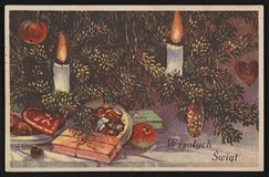 Gałązka choinki ze świeczkami - kartka świąteczna ze zbiorów Biblioteki Narodowej, źródło POLONA