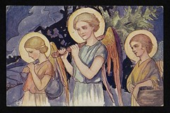 Troje aniołów z choinką - kartka świąteczna ze zbiorów Biblioteki Narodowej, źródło POLONA