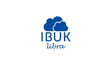Logo Ibuk libra. Niebieski napis IBUK libra nad nim dwie niebieskie chmurki