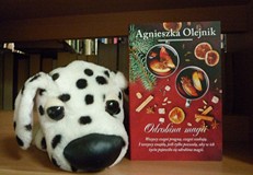 na zdjęciu książka Agnieszka Olejnik Odrobina magii. Obok maskotka białego pieska w czarne kropki