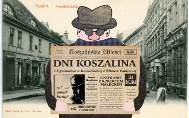 Grafika promująca Kryminalne Dni Koszalina. Sylwetka mężczyzny, który czyta gazetę...