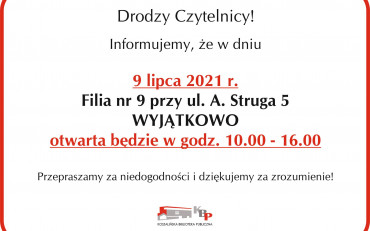 Infomacja o godzinach otwarcia biblioteki 09.07.2021 r.