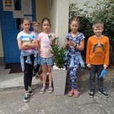 Dzieci stoja przy doniczce z rośliną pokojową, którą samodzielnie przesadziły.