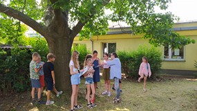 Dzieci mierzą obwód drzewa