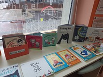 Wystawa książek do wypożyczenia o kotach