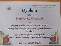 Dyplom dla bibliotekarki za udział w XXI Ogólnopolskim Tygodniu Czytania Dzieciom