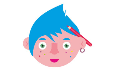 Logo imprezy w postaci głowy dziecka z kredką za uchem