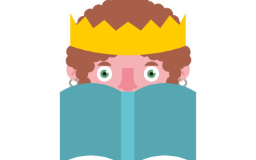 Kolorowa grafika głowy chłopca w żółtej koronie zza rozłożonej książki