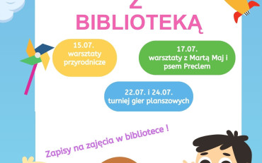 Plakat prmoujący zajęcia wakacyjne w bibliotece