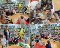 Kolaż zdjęć dzieci w bibliotece.