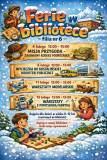 Na zdjęciu plakat informujący o zajęciach feryjnych w bibliotece