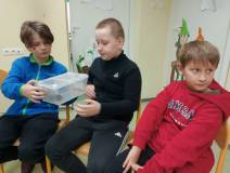 Uczestnicy ferii oglądają ptasznika