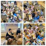 Wiercipiętki i Pędzinóżki przeglądają książeczki przyniesione przez bibliotekarki.