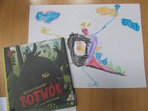 Praca plastyczna dziecka przedstawiająca ilustrację do książki Grzegorza Kasdepke -Potwór-