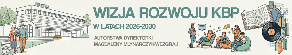 Grafika przedstawia budynek Biblioteki i wielopokoleniową grupę ludzi